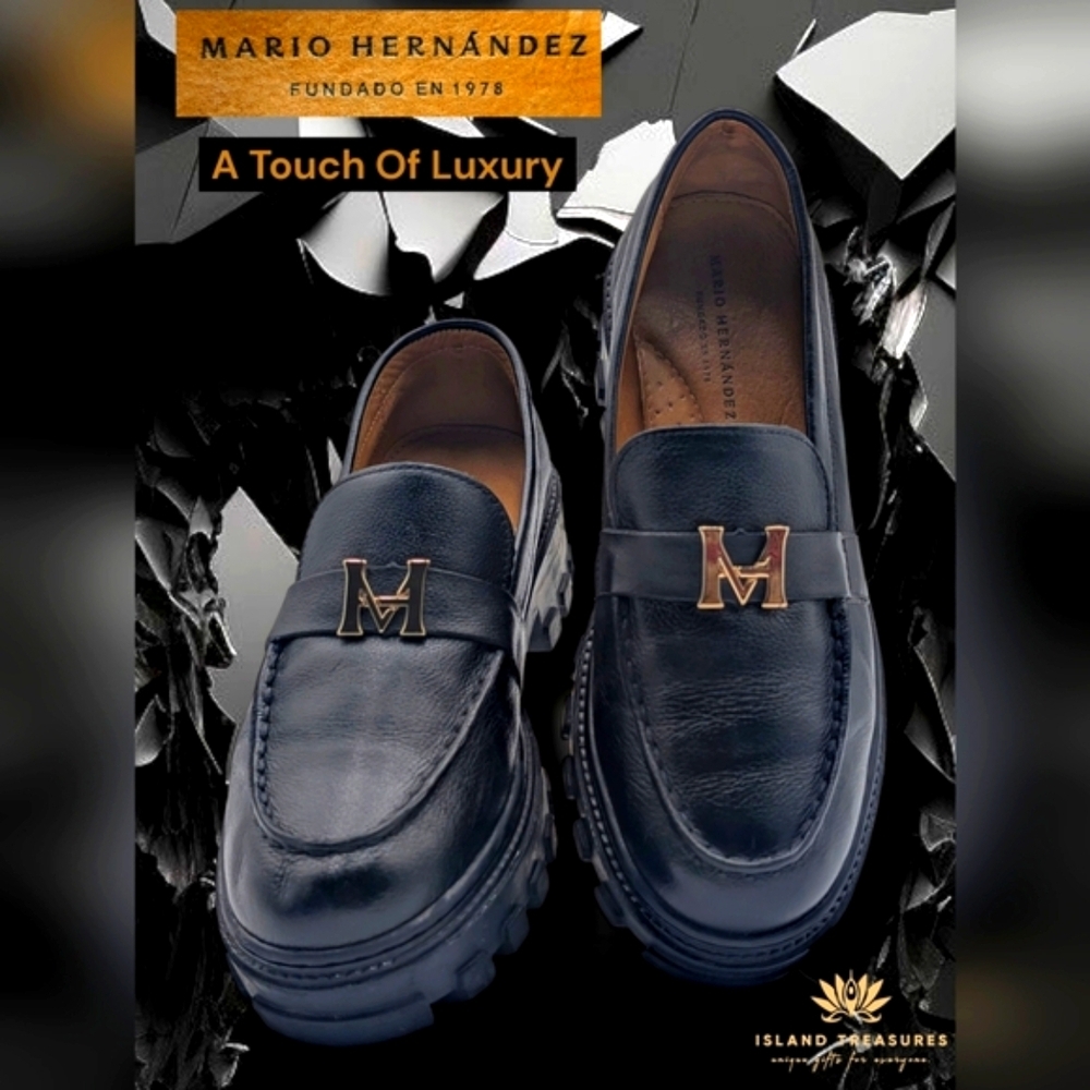 Mario Hernandez Siena Women Sz 7.5 Black Moccasin Loafers  Gold Embellishments